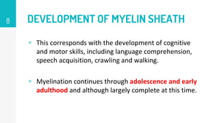 DEVELOPMENT OF MYELIN SHEATH
▹ This corresponds with the development of cognitive
and motor skills, including language comprehension,
speech acquisition, crawling and walking.
▹ Myelination continues through adolescence and early
adulthood and although largely complete at this time.
8
 
