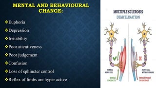 MENTAL AND BEHAVIOURAL
CHANGE:
Euphoria
Depression
Irritability
Poor attentiveness
Poor judgement
Confusion
Loss of sphincter control
Reflex of limbs are hyper active
 