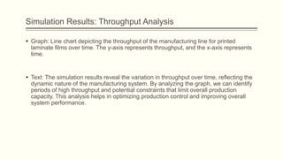Simulation Results: Throughput Analysis
 Graph: Line chart depicting the throughput of the manufacturing line for printed
laminate films over time. The y-axis represents throughput, and the x-axis represents
time.
 Text: The simulation results reveal the variation in throughput over time, reflecting the
dynamic nature of the manufacturing system. By analyzing the graph, we can identify
periods of high throughput and potential constraints that limit overall production
capacity. This analysis helps in optimizing production control and improving overall
system performance.
 