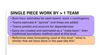 SINGLE PIECE WORK BY > 1 TEAM
• Sum hour estimates for each teams’ work + contingency
• Teams estimate # “sprints” and these are added
• Teams predict and account for dependencies
• Epics are created and estimated as a “meta-team” then
traditional burndown method used at this level
• Reference class forecasting used at this level “what is
similar that we have done in the past like this”
 