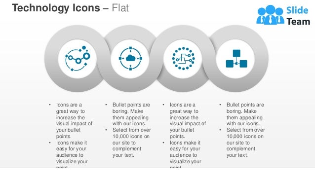 • Icons are a
great way to
increase the
visual impact of
your bullet
points.
• Icons make it
easy for your
audience to
visualize your
point.
• Bullet points are
boring. Make
them appealing
with our icons.
• Select from over
10,000 icons on
our site to
complement
your text.
• Icons are a
great way to
increase the
visual impact of
your bullet
points.
• Icons make it
easy for your
audience to
visualize your
point.
• Bullet points are
boring. Make
them appealing
with our icons.
• Select from over
10,000 icons on
our site to
complement
your text.
Technology Icons – Flat
 