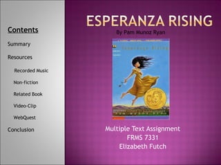 Multiple Text Assignment FRMS 7331 Elizabeth Futch By Pam Munoz Ryan Contents Summary Resources Recorded Music Non-fiction Related Book   Video-Clip WebQuest Conclusion 