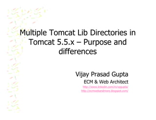Multiple Tomcat Lib Directories in
  Tomcat 5.5.x – Purpose and
           differences

                Vijay Prasad Gupta
                    ECM & Web Architect
                   http://www.linkedin.com/in/vpgupta/
                  http://ecmwebandmore.blogspot.com/
 