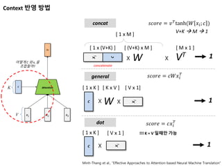 Context 반영 방법
concat
어떻게 C 와 xi 을
조합할까?
xi
C
X W
𝑠𝑐𝑜𝑟𝑒 = 𝑣 𝑇
tanh(𝑊 𝑥𝑖; 𝑐 )
concatenate
[ 1 x (V+K) ] [ (V+K) x M ]
K
V
X VT
[ M x 1 ]
[ 1 x M ]
general
xi
XWC X
[ 1 x K ] [ K x V ] [ V x 1]
1
1
𝑠𝑐𝑜𝑟𝑒 = 𝑐𝑊𝑥𝑖
𝑇
dot
xi
C X
[ 1 x K ] [ V x 1 ]
1
!!! K = V 일때만 가능
V+K  M  1
Minh-Thang et al., “Effective Approaches to Attention-based Neural Machine Translation”
𝑠𝑐𝑜𝑟𝑒 = 𝑐𝑥𝑖
𝑇
 