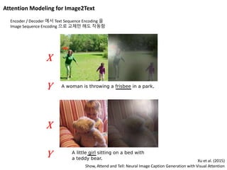 Attention Modeling for Image2Text
Xu et al. (2015)
Show, Attend and Tell: Neural Image Caption Generation with Visual Attention
Encoder / Decoder 에서 Text Sequence Encoding 을
Image Sequence Encoding 으로 교체만 해도 작동함
X
Y
X
Y
 