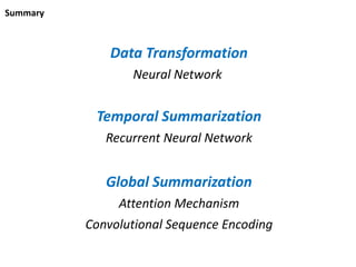 Summary
Neural Network
Data Transformation
Recurrent Neural Network
Temporal Summarization
Attention Mechanism
Global Summarization
Convolutional Sequence Encoding
 