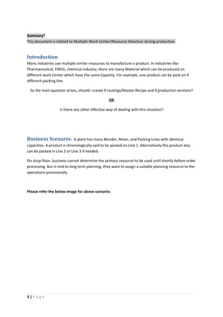 3 | P a g e
Summary*
This document is related to Multiple Work Center/Resource Selection during production.
Introduction
Many industries use multiple similar resources to manufacture a product. In industries like
Pharmaceutical, FMCG, chemical industry, there are many Material which can be produced on
different work Center which have the same Capacity. For example, one product can be pack on 9
different packing line.
So the main question arises, should I create 9 routings/Master Recipe and 9 production versions?
OR
Is there any other effective way of dealing with this situation?
Business Scenario: A plant has many Blender, Mixer, and Packing Lines with identical
capacities. A product is chronologically said to be packed on Line 1. Alternatively this product also
can be packed in Line 2 or Line 3 if needed.
On shop-floor, business cannot determine the primary resource to be used until shortly before order
processing. But in mid to long term planning, they want to assign a suitable planning resource to the
operations provisionally.
Please refer the below image for above scenario:
 