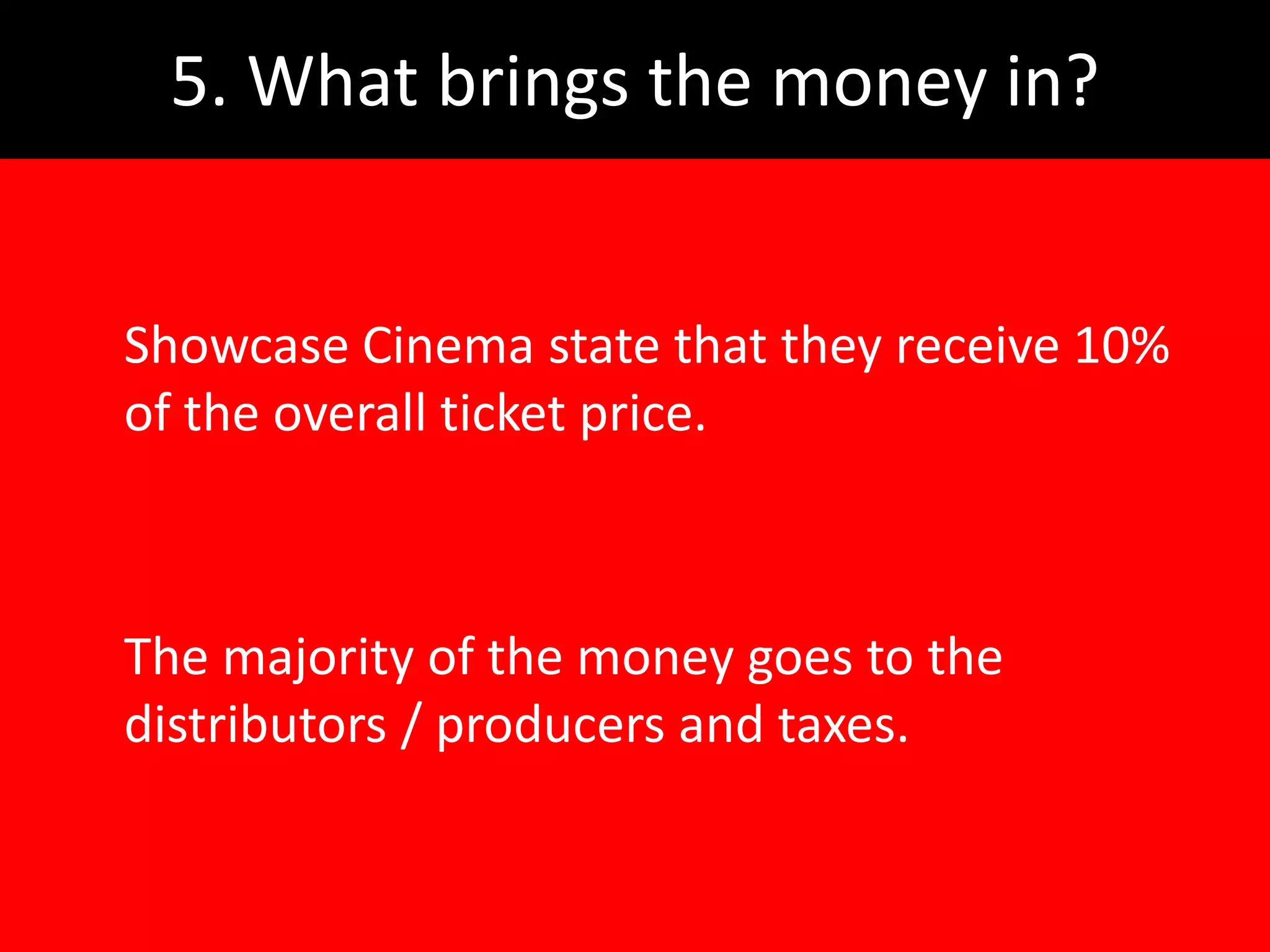 5. What brings the money in?


Showcase Cinema state that they receive 10%
of the overall ticket price.



The majority of the money goes to the
distributors / producers and taxes.
 