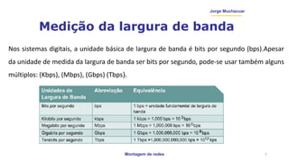 Montagem de redes
Jorge Muchacuar
Medição da largura de banda
7
Nos sistemas digitais, a unidade básica de largura de banda é bits por segundo (bps).Apesar
da unidade de medida da largura de banda ser bits por segundo, pode-se usar também alguns
múltiplos: (Kbps), (Mbps), (Gbps) (Tbps).
 
