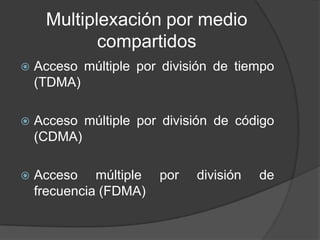 Multiplexación por medio compartidosAcceso múltiple por división de tiempo  (TDMA)Acceso múltiple por división de código (CDMA)Acceso múltiple por división de frecuencia (FDMA)