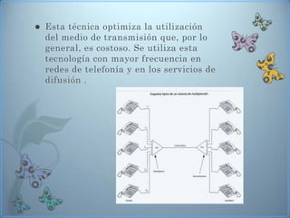    Esta técnica optimiza la utilización
    del medio de transmisión que, por lo
    general, es costoso. Se utiliza esta
    tecnología con mayor frecuencia en
    redes de telefonía y en los servicios de
    difusión .
 