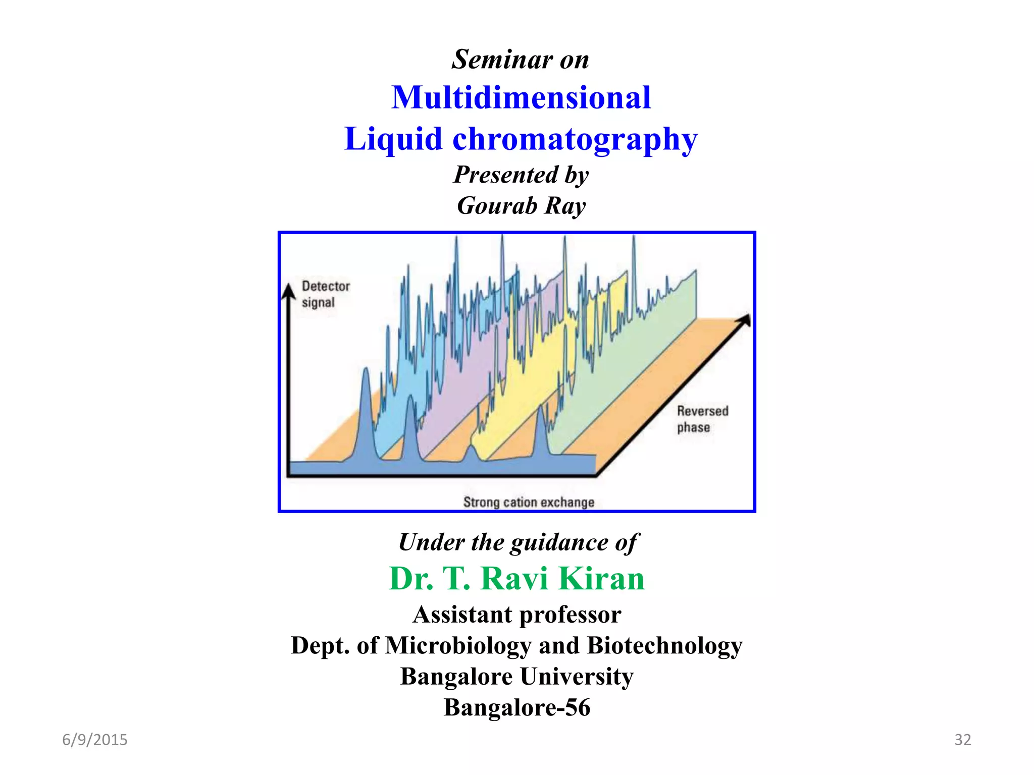 Seminar on
Multidimensional
Liquid chromatography
Presented by
Gourab Ray
Under the guidance of
Dr. T. Ravi Kiran
Assistant professor
Dept. of Microbiology and Biotechnology
Bangalore University
Bangalore-56
6/9/2015 32
 