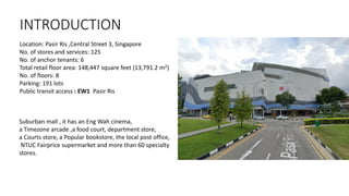 Location: Pasir Ris ,Central Street 3, Singapore
No. of stores and services: 125
No. of anchor tenants: 6
Total retail floor area: 148,447 square feet (13,791.2 m2)
No. of floors: 8
Parking: 191 lots
Public transit access : EW1 Pasir Ris
Suburban mall , it has an Eng Wah cinema,
a Timezone arcade ,a food court, department store,
a Courts store, a Popular bookstore, the local post office,
NTUC Fairprice supermarket and more than 60 specialty
stores.
INTRODUCTION
 