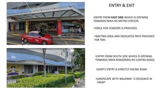 ENTRY & EXIT
•ENTRY FROM EAST SIDE WHICH IS OPENING
TOWARDS PARIS RIS METRO STATION.
•SPACE FOR VENDORS IS PROVIDED.
•WAITING AREA AND DEDICATED PATH PROVIDED
FOR TAXI.
•ENTRY FROM SOUTH SIDE WHICH IS OPENING
TOWARDS MAIN ROAD(PARIS RIS CENTRA ROAD)
•SHOP’S ENTRY IS DIRECTLY FACING ROAD
•LANDSCAPE WITH WALKWAY IS DESIGNED IN
FRONT
 