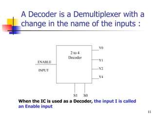 A Decoder is a Demultiplexer with a change in the name of the inputs : When the IC is used as a Decoder,  the input I is called an Enable input   Y0 Y1 Y2 Y4 S1  S0 ENABLE INPUT 2 to 4 Decoder 