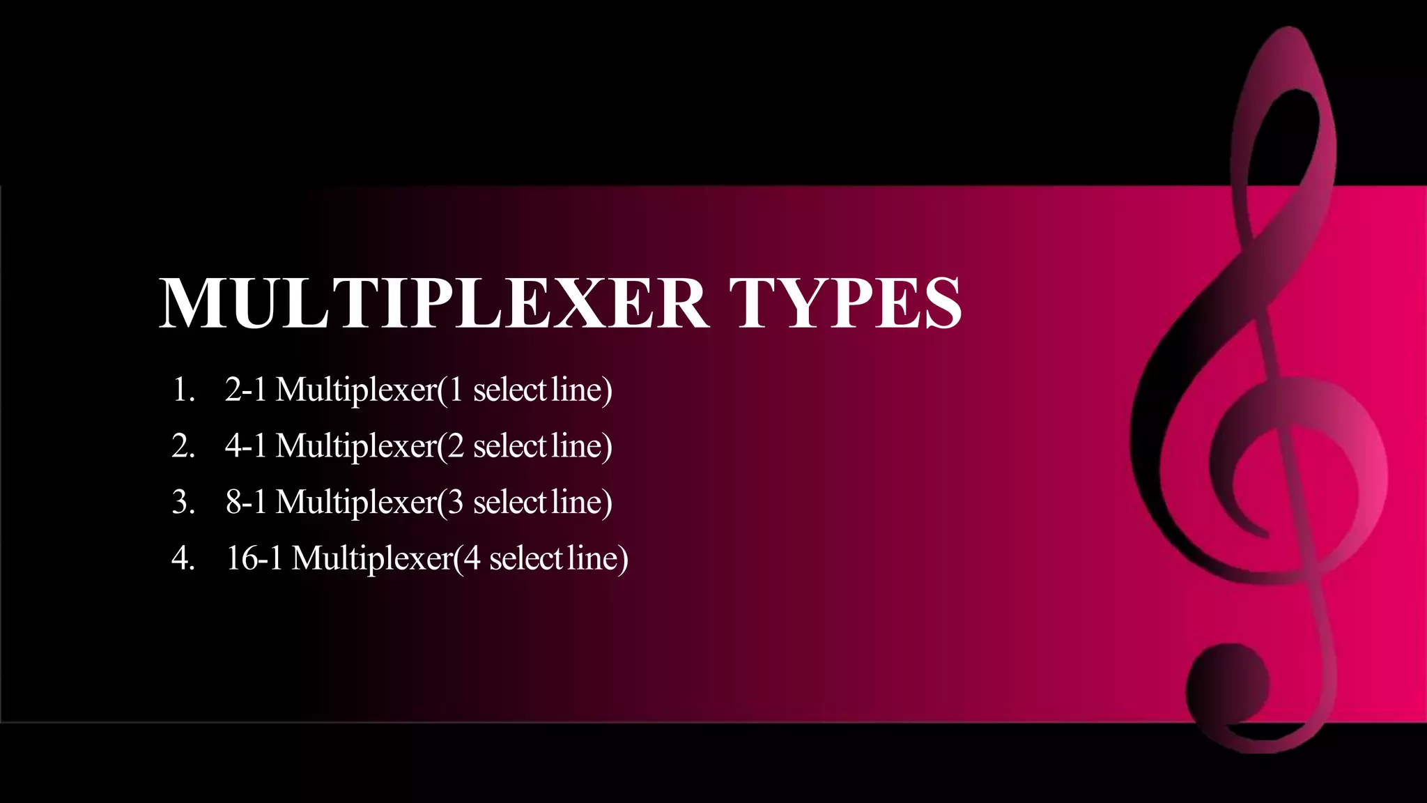 MULTIPLEXER TYPES
1. 2-1 Multiplexer(1 selectline)
2. 4-1 Multiplexer(2 selectline)
3. 8-1 Multiplexer(3 selectline)
4. 16-1 Multiplexer(4 selectline)
 