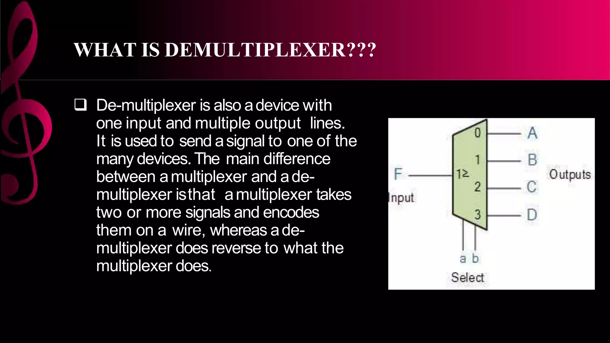 WHAT IS DEMULTIPLEXER???
 De-multiplexer is also adevice with
one input and multiple output lines.
It is used to send asignal to one of the
many devices.The main difference
between amultiplexer and ade-
multiplexer isthat amultiplexer takes
two or more signals and encodes
them on a wire, whereas ade-
multiplexer does reverse to what the
multiplexer does.
 