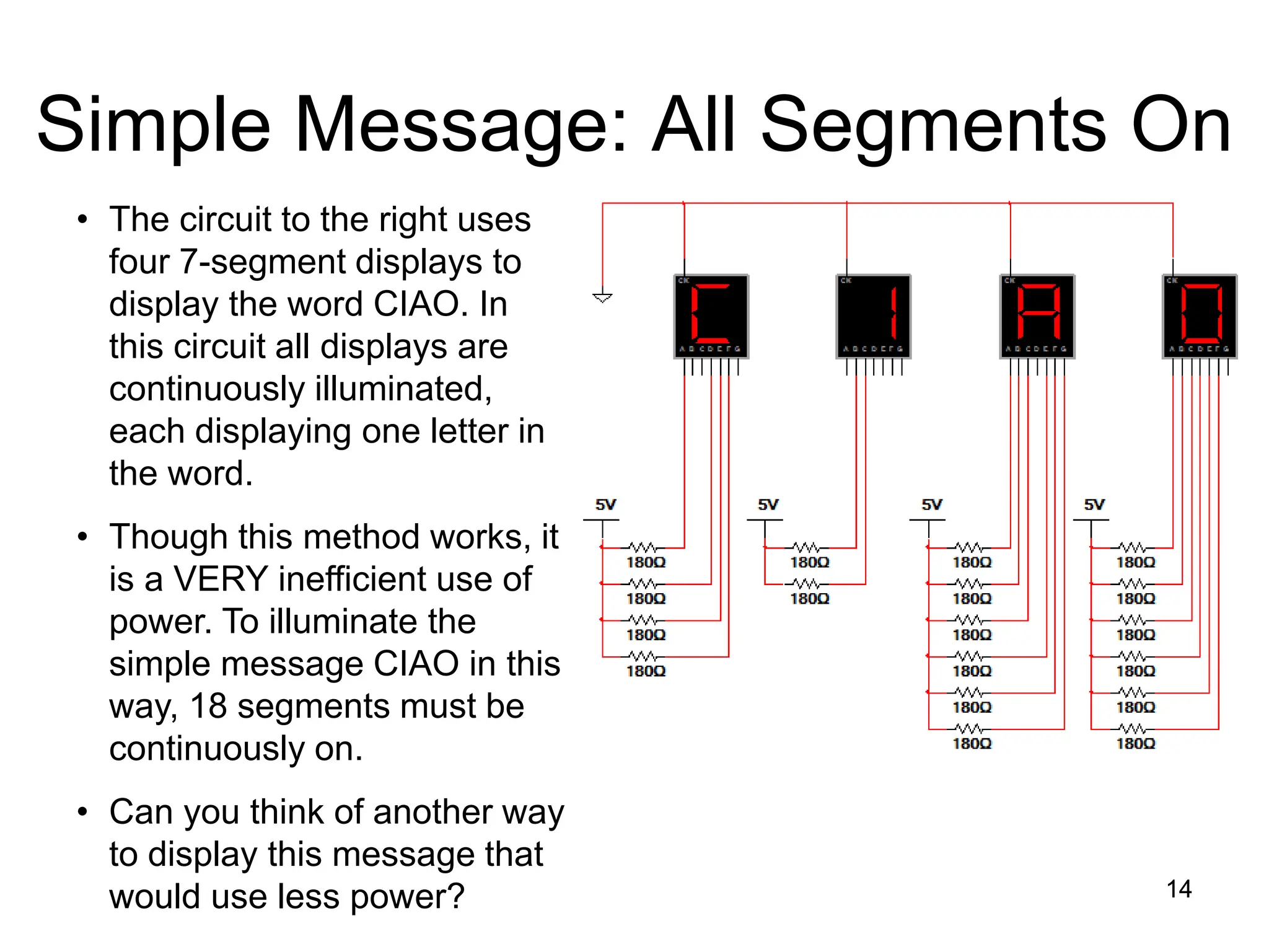 Simple Message: All Segments On
14
• The circuit to the right uses
four 7-segment displays to
display the word CIAO. In
this circuit all displays are
continuously illuminated,
each displaying one letter in
the word.
• Though this method works, it
is a VERY inefficient use of
power. To illuminate the
simple message CIAO in this
way, 18 segments must be
continuously on.
• Can you think of another way
to display this message that
would use less power? 14
 