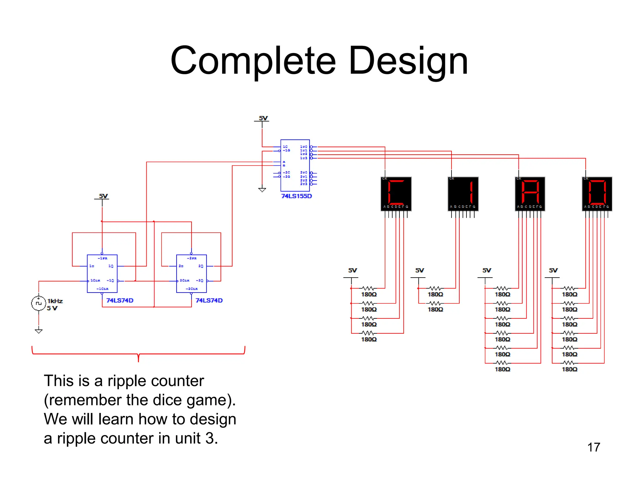 Complete Design
17
This is a ripple counter
(remember the dice game).
We will learn how to design
a ripple counter in unit 3.
 