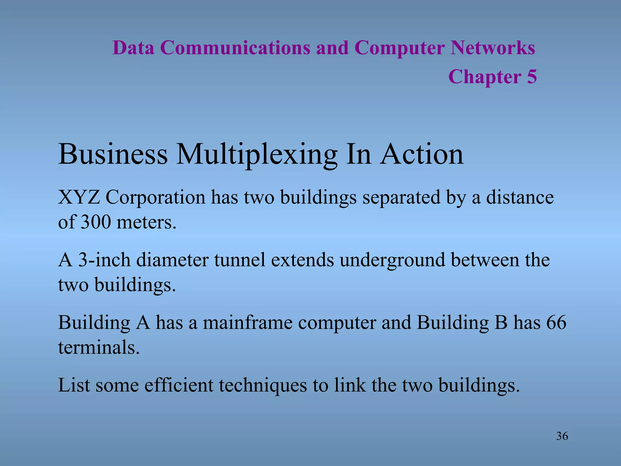   Data Communications and Computer Networks     Chapter 5 Business Multiplexing In Action XYZ Corporation has two buildings separated by a distance of 300 meters. A 3-inch diameter tunnel extends underground between the two buildings. Building A has a mainframe computer and Building B has 66 terminals. List some efficient techniques to link the two buildings. 