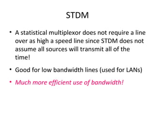 STDM A statistical multiplexor does not require a line over as high a speed line since STDM does not assume all sources will transmit all of the time! Good for low bandwidth lines (used for LANs) Much more efficient use of bandwidth! 