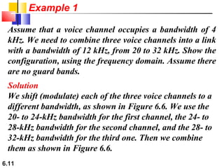 6.11
Assume that a voice channel occupies a bandwidth of 4
kHz. We need to combine three voice channels into a link
with a bandwidth of 12 kHz, from 20 to 32 kHz. Show the
configuration, using the frequency domain. Assume there
are no guard bands.
Solution
We shift (modulate) each of the three voice channels to a
different bandwidth, as shown in Figure 6.6. We use the
20- to 24-kHz bandwidth for the first channel, the 24- to
28-kHz bandwidth for the second channel, and the 28- to
32-kHz bandwidth for the third one. Then we combine
them as shown in Figure 6.6.
Example 1
 