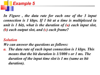 In Figure , the data rate for each one of the 3 input
connection is 1 kbps. If 1 bit at a time is multiplexed (a
unit is 1 bit), what is the duration of (a) each input slot,
(b) each output slot, and (c) each frame?
Solution
We can answer the questions as follows:
a. The data rate of each input connection is 1 kbps. This
means that the bit duration is 1/1000 s or 1 ms. The
duration of the input time slot is 1 ms (same as bit
duration).
Example 5
 