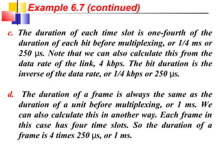 c. The duration of each time slot is one-fourth of the
duration of each bit before multiplexing, or 1/4 ms or
250 s. Note that we can also calculate this from theμ
data rate of the link, 4 kbps. The bit duration is the
inverse of the data rate, or 1/4 kbps or 250 s.μ
d. The duration of a frame is always the same as the
duration of a unit before multiplexing, or 1 ms. We
can also calculate this in another way. Each frame in
this case has four time slots. So the duration of a
frame is 4 times 250 s, or 1 ms.μ
Example 6.7 (continued)
 