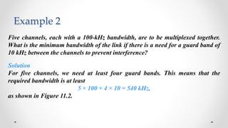 Example 2
Five channels, each with a 100-kHz bandwidth, are to be multiplexed together.
What is the minimum bandwidth of the link if there is a need for a guard band of
10 kHz between the channels to prevent interference?
Solution
For five channels, we need at least four guard bands. This means that the
required bandwidth is at least
5 × 100 + 4 × 10 = 540 kHz,
as shown in Figure 11.2.
 
