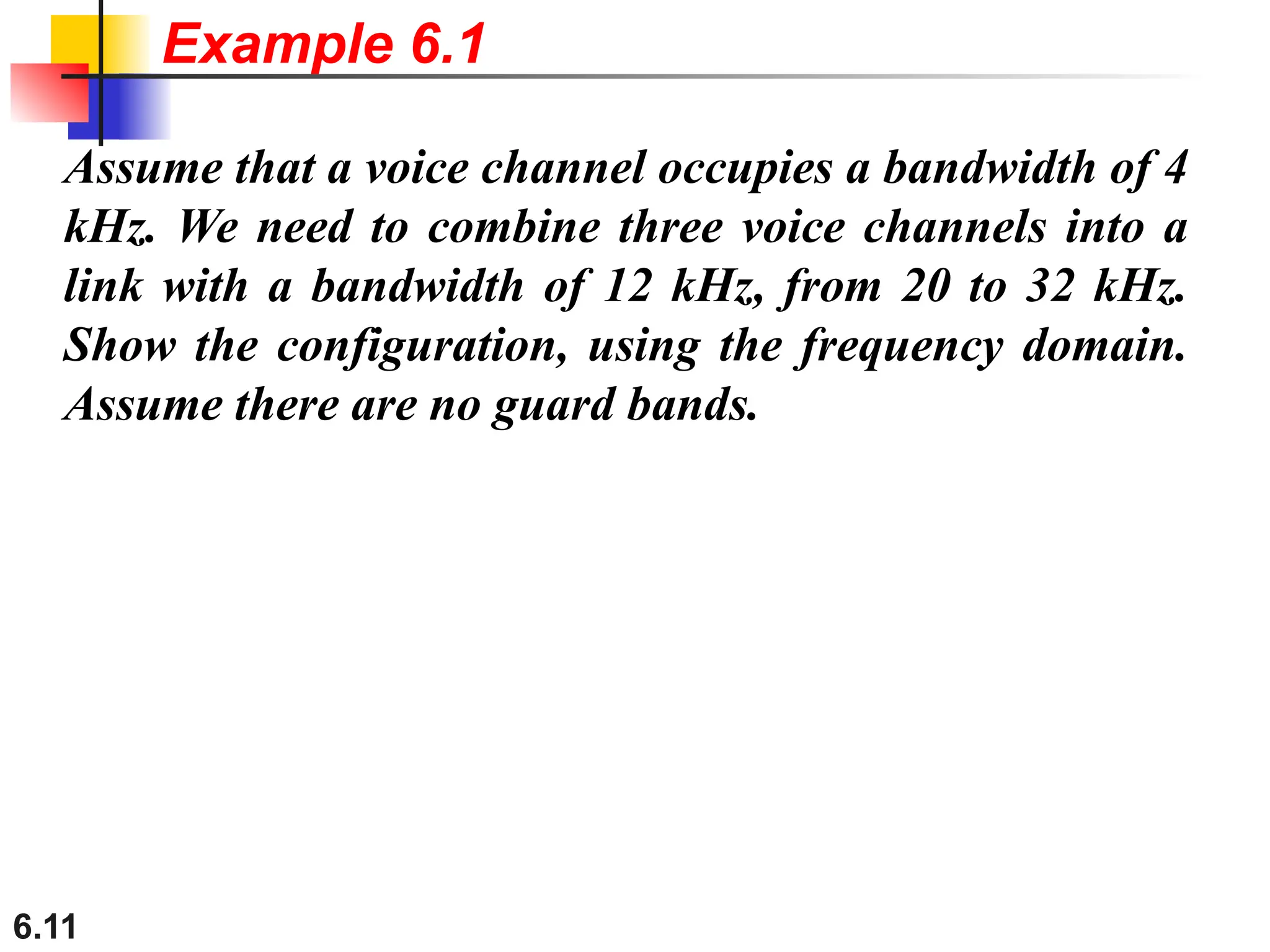 6.11
Assume that a voice channel occupies a bandwidth of 4
kHz. We need to combine three voice channels into a
link with a bandwidth of 12 kHz, from 20 to 32 kHz.
Show the configuration, using the frequency domain.
Assume there are no guard bands.
Example 6.1
 