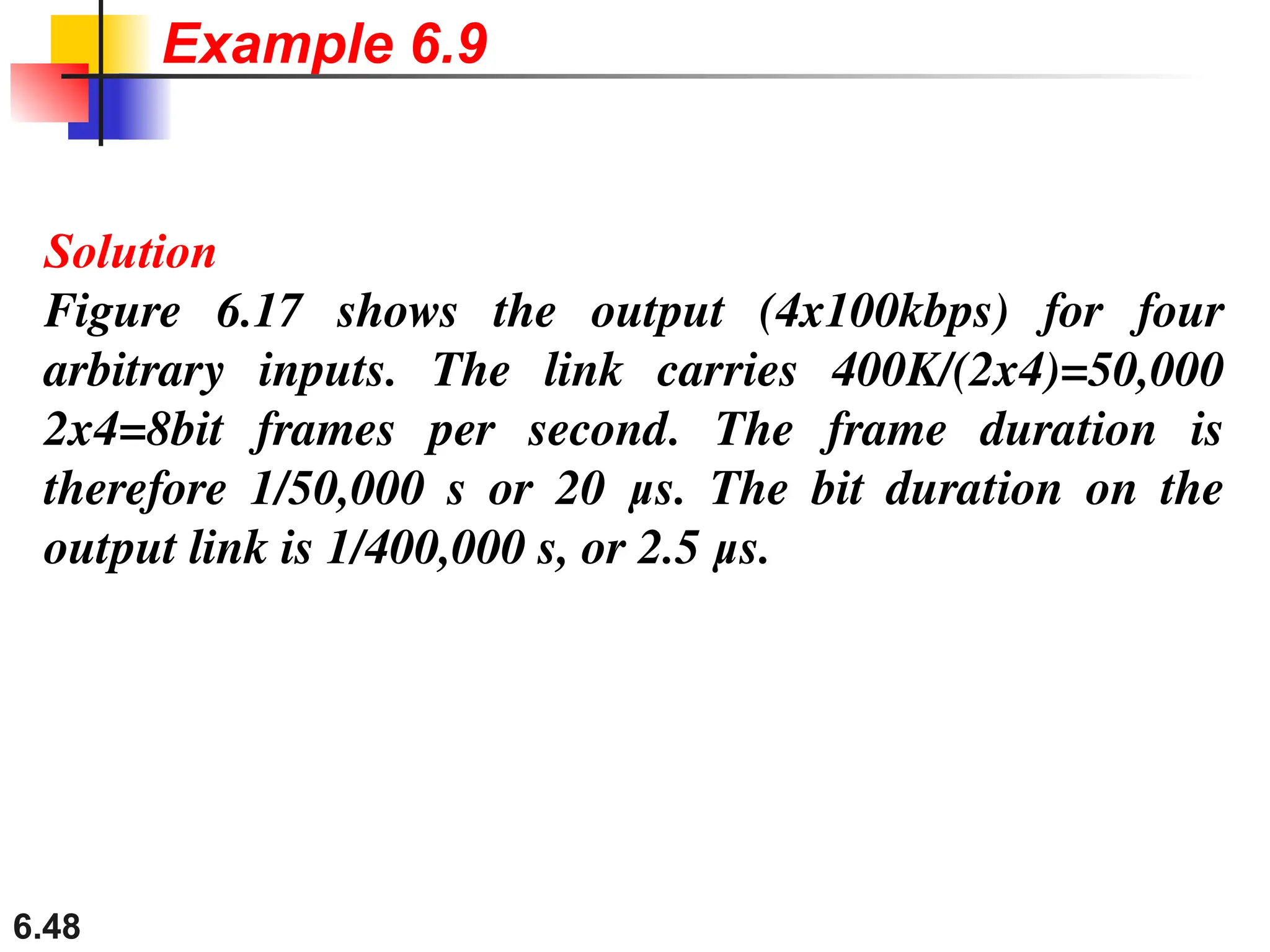 6.48
Solution
Figure 6.17 shows the output (4x100kbps) for four
arbitrary inputs. The link carries 400K/(2x4)=50,000
2x4=8bit frames per second. The frame duration is
therefore 1/50,000 s or 20 μs. The bit duration on the
output link is 1/400,000 s, or 2.5 μs.
Example 6.9
 