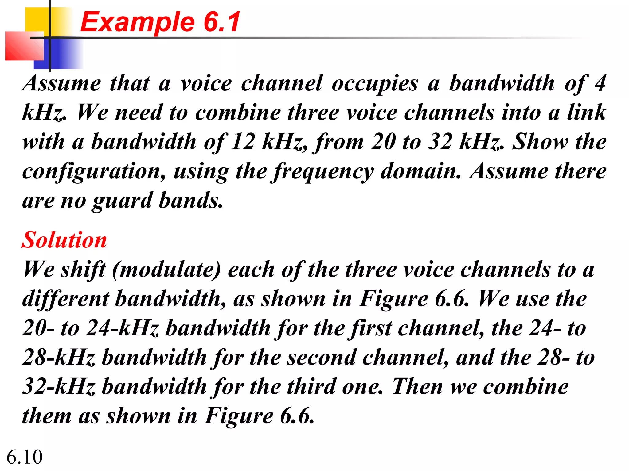 6.10
Assume that a voice channel occupies a bandwidth of 4
kHz. We need to combine three voice channels into a link
with a bandwidth of 12 kHz, from 20 to 32 kHz. Show the
configuration, using the frequency domain. Assume there
are no guard bands.
Solution
We shift (modulate) each of the three voice channels to a
different bandwidth, as shown in Figure 6.6. We use the
20- to 24-kHz bandwidth for the first channel, the 24- to
28-kHz bandwidth for the second channel, and the 28- to
32-kHz bandwidth for the third one. Then we combine
them as shown in Figure 6.6.
Example 6.1
 