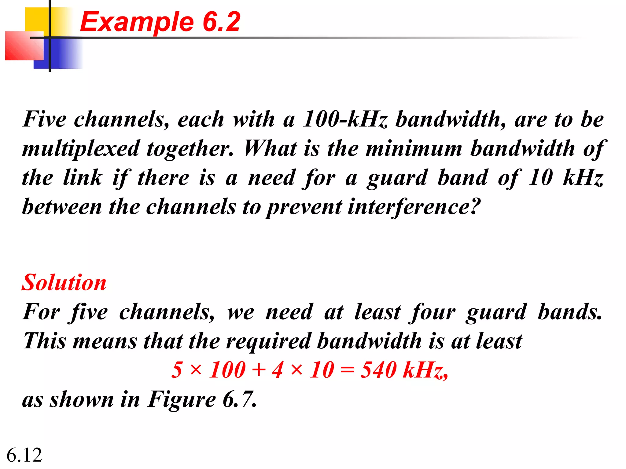 6.12
Five channels, each with a 100-kHz bandwidth, are to be
multiplexed together. What is the minimum bandwidth of
the link if there is a need for a guard band of 10 kHz
between the channels to prevent interference?
Solution
For five channels, we need at least four guard bands.
This means that the required bandwidth is at least
5 × 100 + 4 × 10 = 540 kHz,
as shown in Figure 6.7.
Example 6.2
 