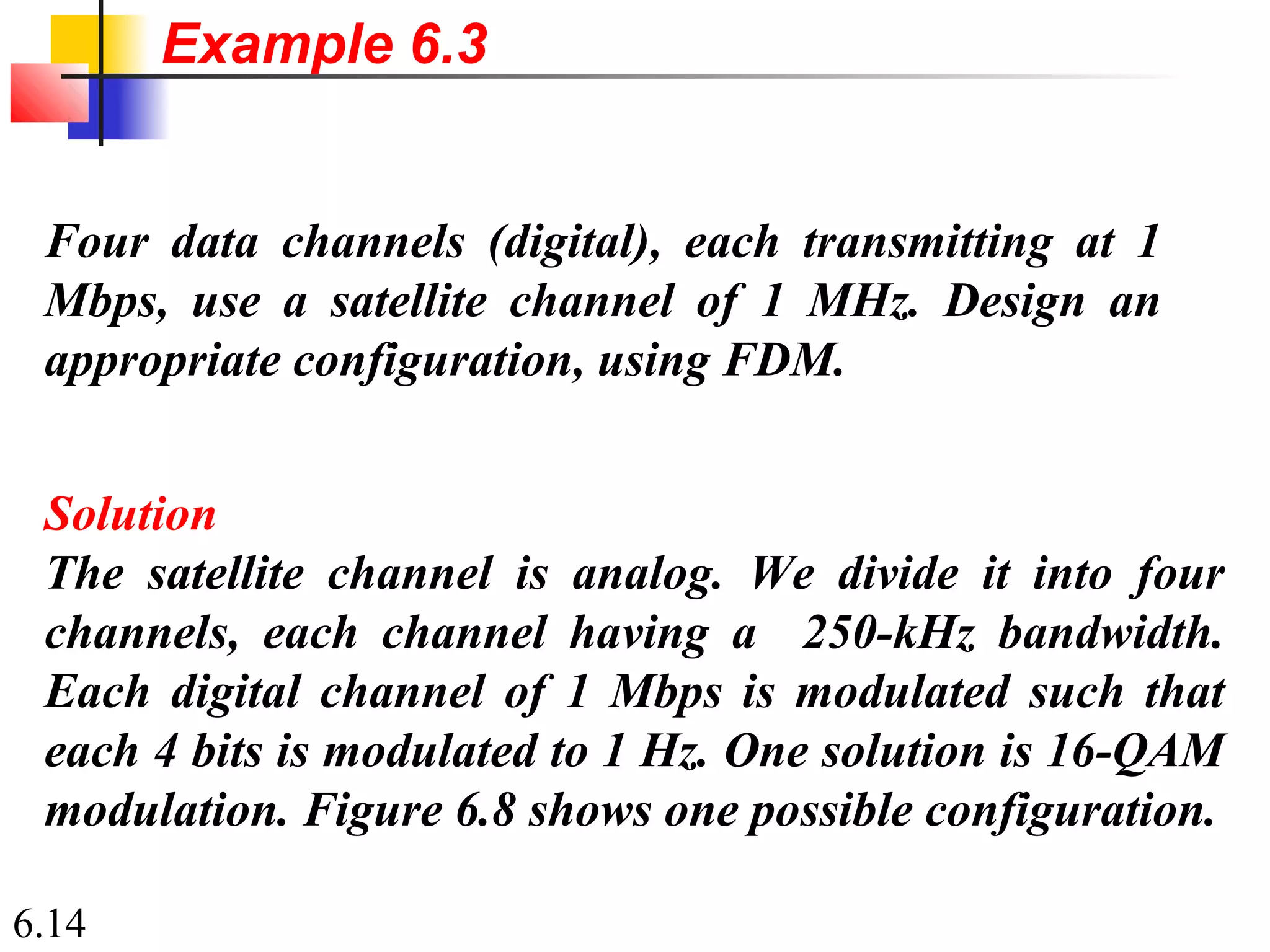 6.14
Four data channels (digital), each transmitting at 1
Mbps, use a satellite channel of 1 MHz. Design an
appropriate configuration, using FDM.
Solution
The satellite channel is analog. We divide it into four
channels, each channel having a 250-kHz bandwidth.
Each digital channel of 1 Mbps is modulated such that
each 4 bits is modulated to 1 Hz. One solution is 16-QAM
modulation. Figure 6.8 shows one possible configuration.
Example 6.3
 
