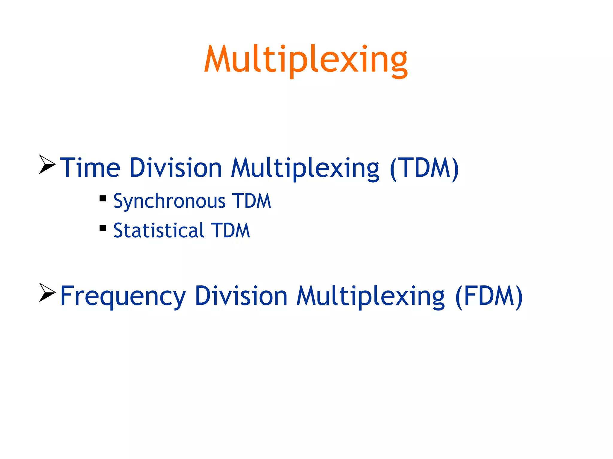 Multiplexing
Time Division Multiplexing (TDM)
 Synchronous TDM
 Statistical TDM
Frequency Division Multiplexing (FDM)
 