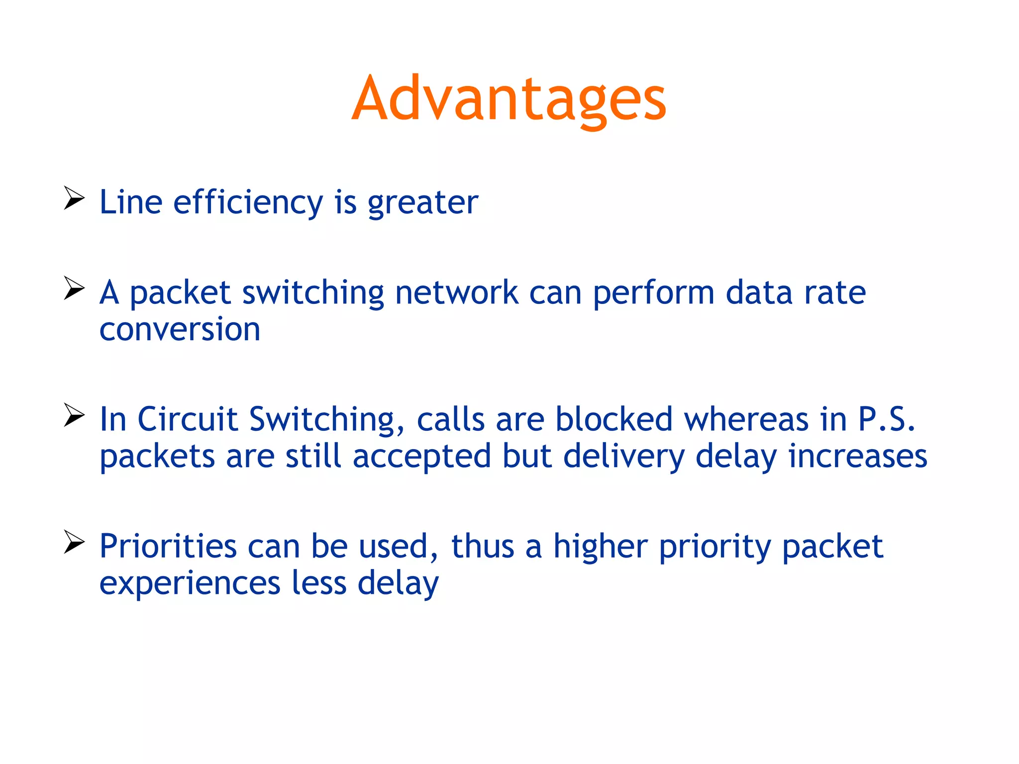 Advantages
 Line efficiency is greater
 A packet switching network can perform data rate
conversion
 In Circuit Switching, calls are blocked whereas in P.S.
packets are still accepted but delivery delay increases
 Priorities can be used, thus a higher priority packet
experiences less delay
 