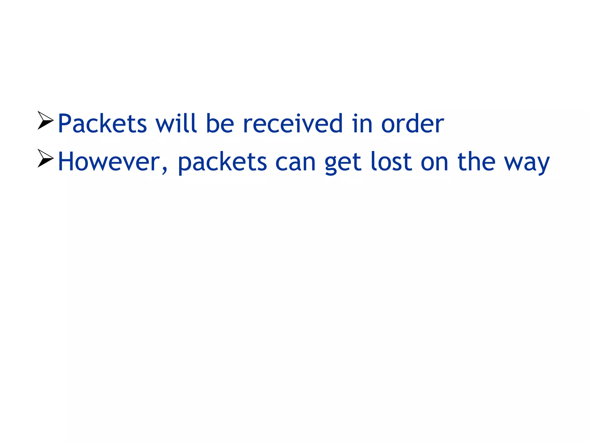 Packets will be received in order
However, packets can get lost on the way
 
