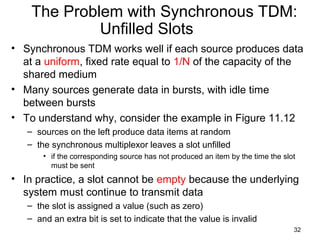 32
The Problem with Synchronous TDM:
Unfilled Slots
• Synchronous TDM works well if each source produces data
at a uniform, fixed rate equal to 1/N of the capacity of the
shared medium
• Many sources generate data in bursts, with idle time
between bursts
• To understand why, consider the example in Figure 11.12
– sources on the left produce data items at random
– the synchronous multiplexor leaves a slot unfilled
• if the corresponding source has not produced an item by the time the slot
must be sent
• In practice, a slot cannot be empty because the underlying
system must continue to transmit data
– the slot is assigned a value (such as zero)
– and an extra bit is set to indicate that the value is invalid
 