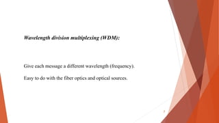 Wavelength division multiplexing (WDM):
Give each message a different wavelength (frequency).
Easy to do with the fiber optics and optical sources.
7
 