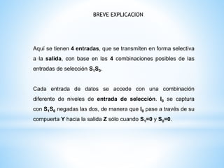 BREVE EXPLICACION
Aquí se tienen 4 entradas, que se transmiten en forma selectiva
a la salida, con base en las 4 combinaciones posibles de las
entradas de selección S1S0.
Cada entrada de datos se accede con una combinación
diferente de niveles de entrada de selección. I0 se captura
con S1S0 negadas las dos, de manera que I0 pase a través de su
compuerta Y hacia la salida Z sólo cuando S1=0 y S0=0.