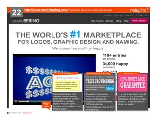 22

http://www.crowdspring.com/ Venciendo frenos en la toma de decisión

En 3 pasos

también
nos
gustó

© multiplica 2013 - Página | 17 |

Toda propuesta por muy
compleja que sea debería
poder resumirse en 3 pasos.
CrowdSpring consigue
explicar muy bien como
funciona, con un vídeo o con 3
simples pasos.

La confianza lo es todo

CrowdSpring transmite
confianza por todos sus
poros: centenares de
proyectos, miles de clientes
(96% de ellos les
recomendarían), más de 131
mil creativos…

Serás feliz J

… y por si esto fuera poco la
garantía de que quedarás
satisfecho. Se insiste mucho
en esto… o sino recibiras tu
dinero de vuelta.

 
