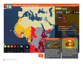 14

https://www.wfp.org/hunger/stats Convirtiendo en “tangible” el problema del hambre

Dónde hay que actuar

también
nos
gustó

© multiplica 2013 - Página | 24 |

La falta de alimentos no se
encuentra en lugares lejanos.
WFP ofrece el “mapa del
hambre” para indicar los
lugares delicados, los motivos
y las acciones que se realian
en ellos.

Hacerlo entretenido

A través de microsites más
lúdicos como Free Rice, se
realiza un “juego” para donar
arroz e invitar a los usuarios
a hacer donaciones.

 