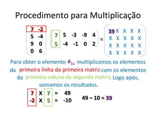 Procedimento para Multiplicação
        7   -2                 X
                               39 X
                               39           X   X   X
        5   -4   7 5 -3 -9 4
                             = X X          X   X   X
        9    0   5 -4 -1 0 2   X X          X   X   X
        0    6                 X X          X   X   X
Para obter o elemento a11 multiplicamos os elementos
da primeira linha da primeira matriz com os elementos
  da primeira coluna da segunda matriz. Logo após,
           somamos os resultados.
        7 X 7 = 49
       -2 X 5 = -10          49 – 10 = 39
 