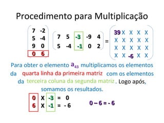 Procedimento para Multiplicação
       7   -2                 39 X           X X X
       5   -4   7 5 -3 -9 4
                            = X X            X X X
       9    0   5 -4 -1 0 2   X X            X X X
       0    6                 X X            X
                                            -6 X X
Para obter o elemento a43 multiplicamos os elementos
da quarta linha da primeira matriz com os elementos
  da terceira coluna da segunda matriz . Logo após,
           somamos os resultados.
        0 X -3 = 0
        6 X -1 = - 6         0–6=-6
 