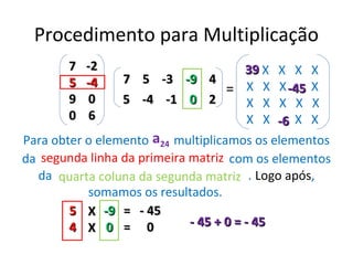 Procedimento para Multiplicação
       7   -2                 39 X           X X X
       5   -4   7 5 -3 -9 4
                            = X X            X -45 X
                                                X
       9    0   5 -4 -1 0 2   X X            X X X
       0    6                 X X            -6 X X
Para obter o elemento a24 multiplicamos os elementos
da segunda linha da primeira matriz com os elementos
  da quarta coluna da segunda matriz . Logo após,
           somamos os resultados.
        5 X -9 = - 45
        4 X 0 = 0            - 45 + 0 = - 45
 