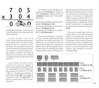 7 0 5                                        Si entendemos que 427 está com-
                                            puesto por 4 centenas (4 billetes de
                                            100), 2 decenas (2 billetes de 10) y 7
                                                                                         100; nos queda 1 de 10 y tenemos 2 bi-
                                                                                         lletes más de 100, con lo que el número
                                                                                         de éstos llega a 34. Finalmente, estos

x 3 0 4                                     unidades (7 billetes de 1), “8 veces 427”
                                            signiﬁcará:
                                                                                         últimos se convierten en 3 billetes de
                                                                                         1.000, al cambio de 30 de 100, y 4 so-
                                                                                         brantes de 100. Al ﬁnal del proceso de


  0
                                            8 montones de 4 billetes de 100, es decir,   cambios tenemos: 3 billetes de 1.000, 4
                                            8 x 4 = 32 billetes de 100                   de 100, 1 de 10 y 6 de 1. La composición
                                            8 montones de 2 billetes de 10, es decir,    de estas partes nos lleva al producto,
                                            8 x 2 = 16 billetes de 10                    3.416.
 privado de signiﬁcado, y denotan que       8 montones de 7 billetes de 1, es decir,
 no se comprende el funcionamiento del      8 x 7 = 56 billetes de 1                         De aquí se puede pasar ahora al
 sistema decimal.                                                                        formato escrito, en el que se pueden
                                                El conocido proceso de “ir al ban-       indicar las unidades que “se llevan”
     Lo peor del caso –como en la           co” para cambiar billetes produce los        sobre los correspondientes dígitos del
 suma– es que habitualmente se inten-       siguientes resultados graduales: 50          multiplicando; escritura que irá desapa-
 ta corregirlos sobre el propio formato     billetes de 1 se convierten en 5 de 10;      reciendo poco a poco, a medida que el
 escrito en que se propone la multi-        nos quedan 6 billetes de 1 y tenemos 5       aprendiz esté en capacidad de retener
 plicación, sin percatarse de que los       billetes más de 10, con lo que el número     mental y momentáneamente cada
 errores cometidos al utilizar los forma-   de éstos llega a 21. Llevados 20 de estos    “llevada” para agregarla al producto
 tos numéricos –que son abstractos–,        billetes al banco, se convierten en 2 de     correspondiente.
 sólo pueden corregirse retornando al
 terreno de lo concreto, que es donde
 se puede alcanzar el signiﬁcado de la                +        +
 operación.
                                               400        20           7
     ¿Cuál puede ser este terreno                                                                           =8x4
 concreto en el que se respete la                                                                           = 32 billetes de 100
 esencia del sistema decimal? Puede
 ser, nuevamente, el de los billetes de                                                                     =8x2
 denominación decimal (1, 10, 100,                                                                          = 16 billetes de 10
 1.000, etc.). Tomemos, por ejemplo, la
 multiplicación 8 x 427, que podemos
                                                                                                            =8x7
 interpretar como “8 veces 427” (8
                                                                                                            = 56 billetes de 1
 sería el multiplicador y 427 el multi-
 plicando).
                                                                                                                                    17
 