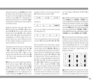 edad actual de Juan es el doble de la edad     el propio número– nos hace ver que m es       jar” 8 unidades a M desde 40: M = 32 y
de Pedro antes, de donde se sigue que la       24. Gráﬁcamente, el triple de M:              m = 24.
de Juan es un número par. Las dos edades
actuales suman 49; por consiguiente, la            m+8           m+8            m+8          e) La diferencia entre los dos salarios diarios
edad actual de Pedro es un número impar.                                                     es de 5.000 pesos (20.000 – 15.000). Para
Finalmente, la edad de Juan antes es igual a   equivale a:                                   cubrir la diferencia acumulada en los días que
la de Pedro ahora.                                                                           trabajó Julia, Nieves ha tenido que trabajar
                                                   m         m          m        8+8+8       dos días más, en los que ha ganado 30.000
Podemos suponer que Juan tiene ahora                                                         pesos (15.000 x 2). De donde se desprende
30 años: Pedro tiene 19 (49 – 30) y antes      que, a su vez, según el enunciado, equivale   que Julia trabajó 6 días (30.000 : 5.000) y
tenía 15 (30 : 2). Pero en ese “antes” (hace   al cuádruplo de m:                            Nieves, 8. Efectivamente, ambas llegan a ganar
4 años) Juan tenía 26 (30 – 4) y debería                                                     120.000 pesos (6 x 20.000 y 8 x 15.000).
haber tenido 19, según el enunciado. Por           m         m          m          m
consiguiente, no hemos dado con la res-                                                      f) La vía de solución es la del ensayo y ajuste.
puesta. Parece ser que la diferencia entre     Y, por correspondencia entre ambos gráﬁ-      Puede servirnos de guía inicial la 2ª columna
las dos edades actuales es grande, por lo      cos, m = 24. De donde, M = 24 + 8 = 32.       numérica, pues la presencia del factor 3 y
que procedemos a disminuirla.                                                                del producto 6 nos deja los factores 1 y 2
                                               Otra vía puede ser la del ensayo y ajuste.    como posibilidades para la 1ª y 3ª casillas
Supongamos entonces que la edad actual         Inicialmente, se puede pensar que los nú-     de esa misma columna. Las vías de ensayo
de Juan es 28 años: Pedro tiene 21 (49         meros andan cerca de 40 (M) y 30 (m), ya      pueden ser diversas y deben llevar al si-
– 28) y antes tenía 14 (28 : 2). Ese “antes”   que el triple de 40 coincide con el cuádru-   guiente resultado:
ocurrió hace 7 años (21 – 14) y en ese         plo de 30. Como la diferencia entre ambos
momento la edad de Juan era 21 años (28        es 8, podemos suponer M = 40 y m = 32.             4      x      2      –      3     =5
– 7). Esta sí es la respuesta: Juan tiene 28   El triple de 40 es 120 y el cuádruplo de 32        x             x             –
años y Pedro, 21.                              es 128: no se da la igualdad. Si suponemos       2        +     3       –     1      =4
                                               M = 41 y m = 33, los valores respectivos         –               x            +
d) Veamos una vía de resolver el problema.     son 123 y 132. La diferencia –que antes era
                                                                                                1        x      1      x      6     =6
Si el número mayor (M) es 8 unidades           8 (128 – 120) – ahora es 9 (132 – 123),
mayor que el número menor (m), el triple       por lo que se deduce que los números M           =7             =6            =8
de M equivaldrá al triple de m más 24.         y m deben ser menores. Además, al pasar
Pero el hecho de que también sea igual         M de 40 a 41 –una unidad– las diferencias     g) El punto inicial para la resolución de este
al cuádruplo de m –el cuádruplo de un          lo hicieron de 8 a 9 –también una unidad–,    problema puede ser la observación de las
número equivale al triple del número más       de donde se desprende que hay que “ba-        cifras de las unidades de los tres números:


                                                                                                                                                23
 
