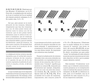 S), (N, T), (N, Y), (N, Z)}. Obsérvese que
    hay 15 pares –15 elementos– en A x B.
    Pues bien, la multiplicación del cardinal
    de A por el cardinal de B es el cardinal
    del conjunto producto cartesiano A x B.
    En nuestro caso, 3 x 5 = 15.

        Así que, para pensar en la multi-             B1              B2                     B3
    plicación de dos números, debemos
    imaginarnos que hay dos conjuntos;
    que uno de ellos posee tantos ele-
    mentos como lo indica uno de los                  B1 U B2 U                              B3 =
    números; que el otro posee tantos
    elementos como lo indica el otro nú-
    mero a multiplicar; que se construye
    el conjunto producto cartesiano de los
    dos conjuntos dados; y que se cuentan
    los elementos –pares de números– de          lo que siempre se ha dicho: que la multi-    + 5 + 5 = 15 elementos. [Obsérvese
    este nuevo conjunto. El resultado ﬁnal       plicación de números naturales es una        que no puede hablarse de un mismo
    de este conteo es el producto de los         suma reiterada. Y, aparentemente, la         conjunto B “repetido” tres veces, es
    dos números iniciales.                       presentación formal anterior no cuadra       decir, del conjunto B U B U B, ya que
                                                 con esta última versión. Es importante       este conjunto tendría sólo 5 elementos.
                                                 que aclaremos esta dualidad.                 En efecto, recuérdese que para poder
    La multiplicación de dos números naturales                                                “sumar” los cardinales de cada conjunto
    representa, pues, el cardinal del conjunto       Pensar la multiplicación de números      es preciso que los conjuntos que se unen
    producto car tesiano de dos conjuntos,       naturales como una suma reiterada nos        sean disjuntos, es decir, que no posean
    en el supuesto de que uno de los dos         lleva también a su representación en el      ningún elemento común].
    números representa inicialmente el cardi-    terreno de los conjuntos. Así, 3 x 5, en-
    nal de un conjunto, y el otro, el del otro   tendido como “3 veces 5”, signiﬁca que          Este resultado –15 elementos– es el
    conjunto.                                    tenemos un conjunto B1 compuesto por         mismo que el obtenido anteriormente,
                                                 5 elementos (por ejemplo, bolígrafos),       cuando pensamos en la multiplicación
                                                 que se va a unir con otros dos conjun-       como el cardinal del conjunto producto
        Lo que va hasta aquí es la respuesta     tos similares, B2 y B3, también con 5        cartesiano de A x B. La diferencia no
    matemática formal a la pregunta de qué       lápices cada uno: B1 U B2 U B3 (U es         está, pues, en el resultado, sino en el
    es la multiplicación. Sin embargo, al (la)   el símbolo de la unión de conjuntos).        signiﬁcado de cada conjunto A y B, y
    lector(a) debe estarle sonando por dentro    Lógicamente, este conjunto posee 5           de sus respectivos cardinales.
8
 