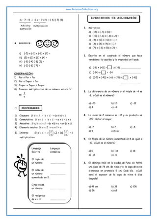 www.RecursosDidacticos.org
-6 – 7 + 5  -6 x – 7 x 5 = (-6) (-7) (5)
 RESUELVE:
i) (-5) x (-3) x (-2) x (7) =
ii) (5) x (3) x (2) x (4) =
iii) (-9) (-4) (-3) (2) =
iv) (-3) (-6) (-7) =
OBSERVACIÓN:
1) Par x Par = Par
2) Par x Impar = Par
3) Impar x Impar = Impar
4) Inverso multiplicativo de un número entero ‘a’
es:
a
1
 PROPIEDADES:
1) Clausura: Si a  Z  b  Z  (a x b)  Z
2) Conmutativa: Si a Z  b  Z  a x b = b x a
3) Asociativa: Si a, b  c  Z  (a x b) x c = a x (b x c)
4) Elemento neutro: Si a  Z  a x 1 = a
5) Inverso: Si a  Z   





a
1
Z / (a) 





a
1
= 1
multiplicativo
Lenguaje Lenguaje
Escrito simbólico
El duplo de
un número …………………………
El doble de
un número …………………………
aumentado en 5
Cinco veces
un número …………………………
El recíproco
de x + 4 …………………………
1. Multiplica:
a) (-8) x (-7) x (6) =
b) (-5) x (-2) x (-3) x (2) =
c) (4) x (9) x (-6) x (-1) =
d) (3) x (8) x (4) x (-1) =
e) (7) x (-3) x (5) x (2) =
2. Escribe en el cuadrado el número que hace
verdadera la igualdad y la propiedad utilizada.
a) (-8) x (+12) = x (-8) …………………………………
b) (-24) x = -24 …………………………………
c) [(-5) x (-4)] x (-6) = (-5) x [ x (-6)]
…………………………………
3. La diferencia de un número y el triple de -4 es
-8. ¿Cuál es el número?
a) -20 b) 12 c) -12
d) 4 e) -4
4. La suma de 2 números es -12 y su producto es
+35. Hallar el mayor.
a) -7 b) 7 c) -5
d) 5 e) N.A.
5. El triple de un número aumentado en 8 es igual a
-10. ¿Cuál es el número?
a) 6 b) -18 c) 18
d) -12 e) -6
6. El domingo nevó en la ciudad de Puno, se formó
una capa de 78 cm. de nieve y si la capa de nieve
disminuye en promedio 5 cm. Cada día. ¿Cuál
será el espesor de la capa de nieve 6 días
después?
a) 48 cm. b) 38 c) 108
d) 58 e) 68
Adición y
sustracción
multiplicación
EJERCICIOS DE APLICACIÓN
 