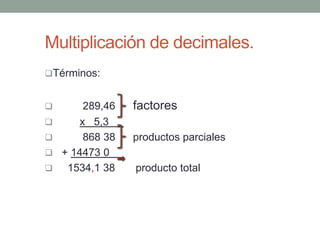 Multiplicación de decimales.
Términos:
 289,46 factores
 x 5,3 _
 868 38 productos parciales
 + 14473 0 _
 1534,1 38 producto total
 